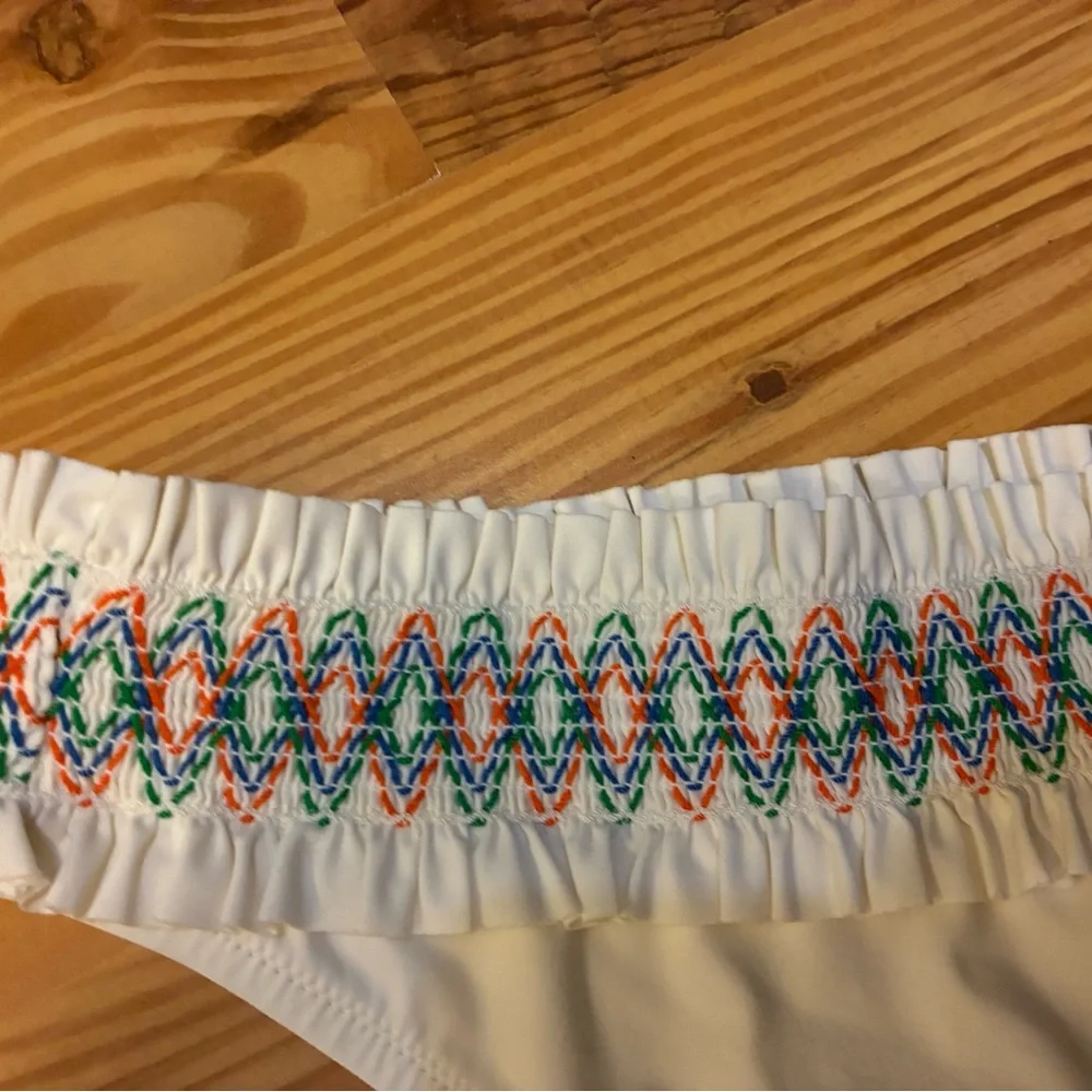 Tory Burch White Smocked Bikini Bottoms XS Ruffle Trim Designer Swim bottom only
